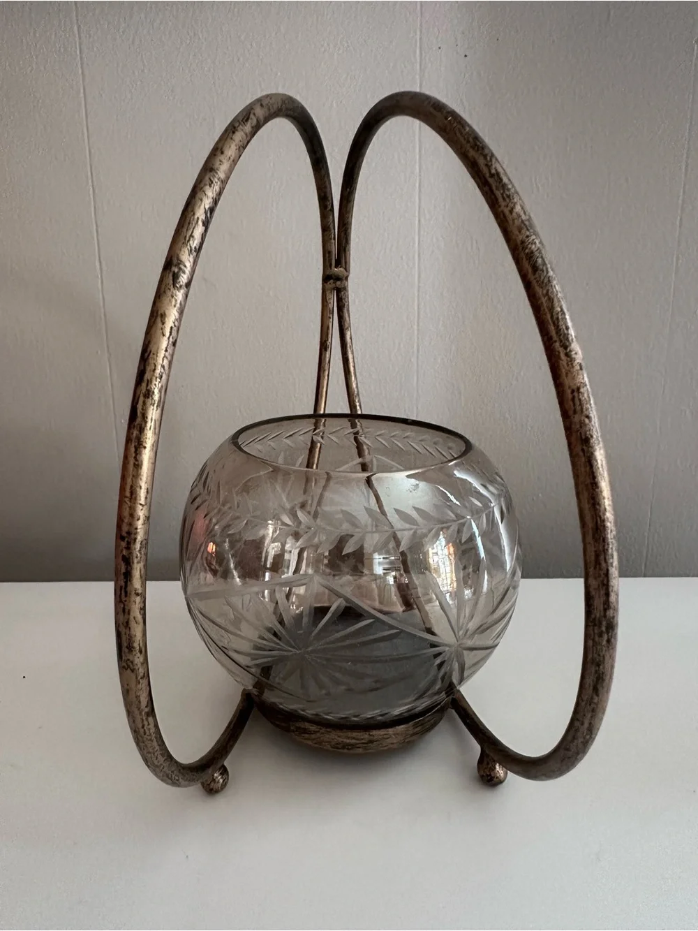 Etched Glass Globe With Distressed Brass Hoop Frame - Candle Holder or Planter